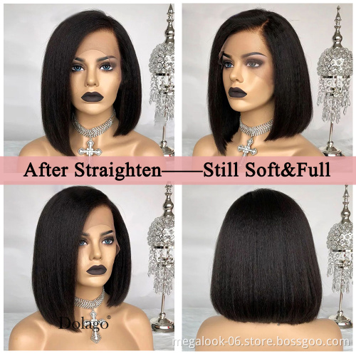 Megalook Brazilian Hair Yaki Short Bob Wig Natural Color Human Hair Wig Kinky Straight 13X4 Lace Front Wig